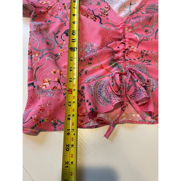 Topshop Ruby Magical Leopard Ruched Blouse Crop Top Size 6 Pink Bell Sleeves - Picture 6 of 8